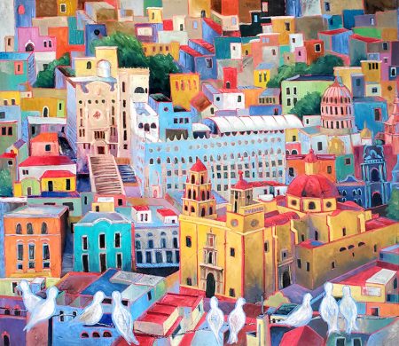 Pigeons watching people entering church