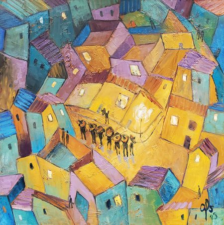 Serenade painting full of music and color at night