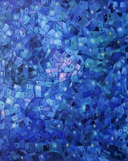 blue painting about stars in the city